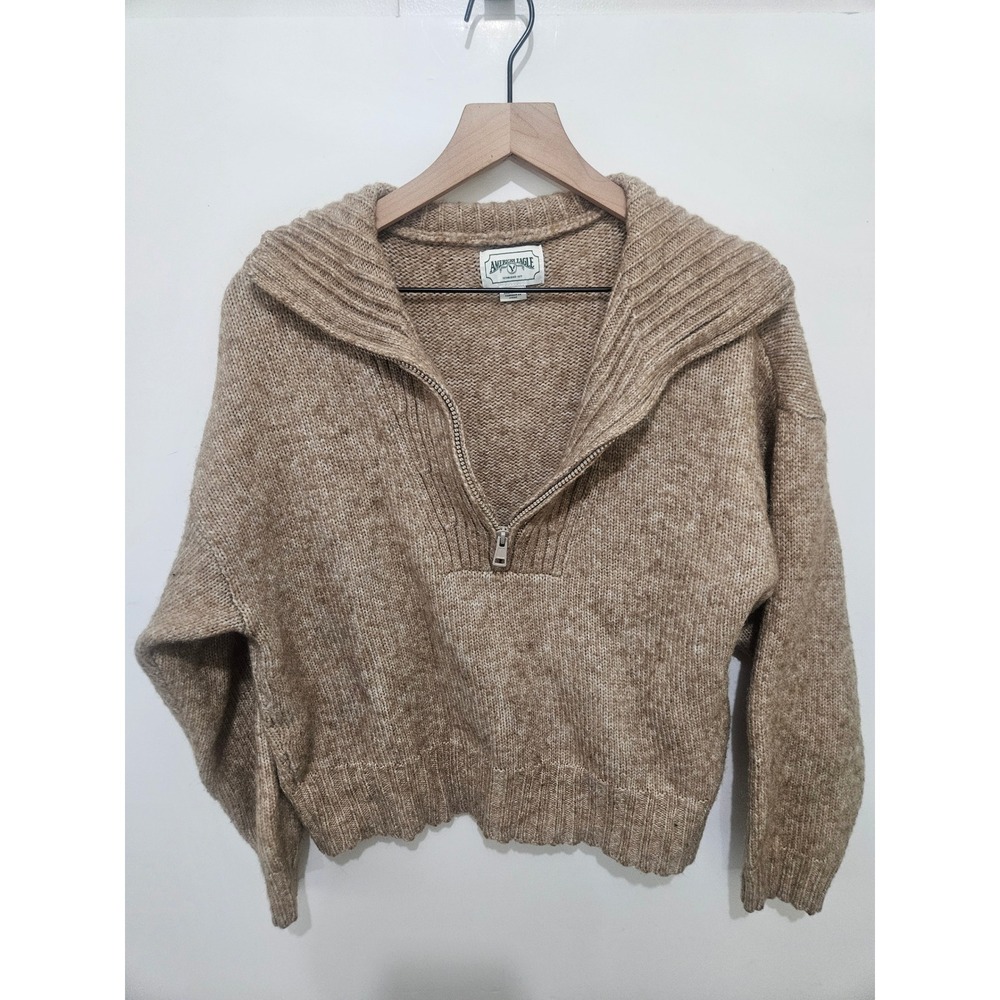 American Eagle Tan Marled Quarter Zip Pullover Sweater Large Ribbed Collar L